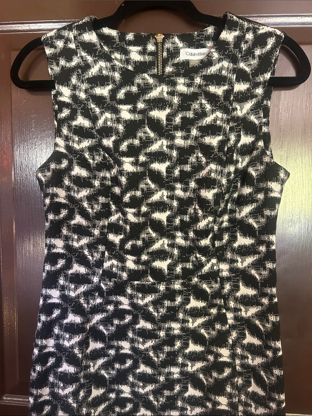 Calvin Klein Black & White Abstract Sheath Dress with Gold Zipper